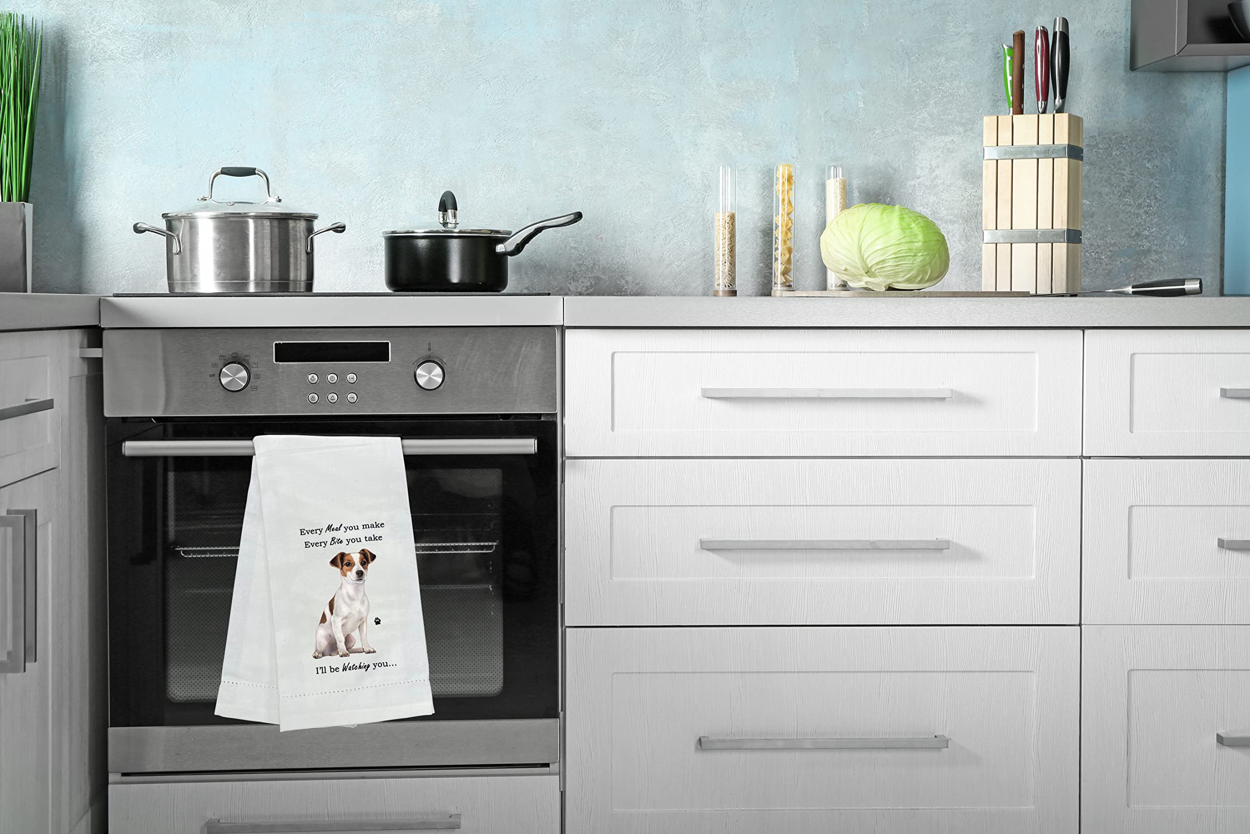 E&S Pets Jack Russell kitchen towel dog art closeup emphasizes cheerful design during cleanup.