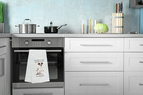 E&S Pets Jack Russell kitchen towel dog art closeup emphasizes cheerful design during cleanup.