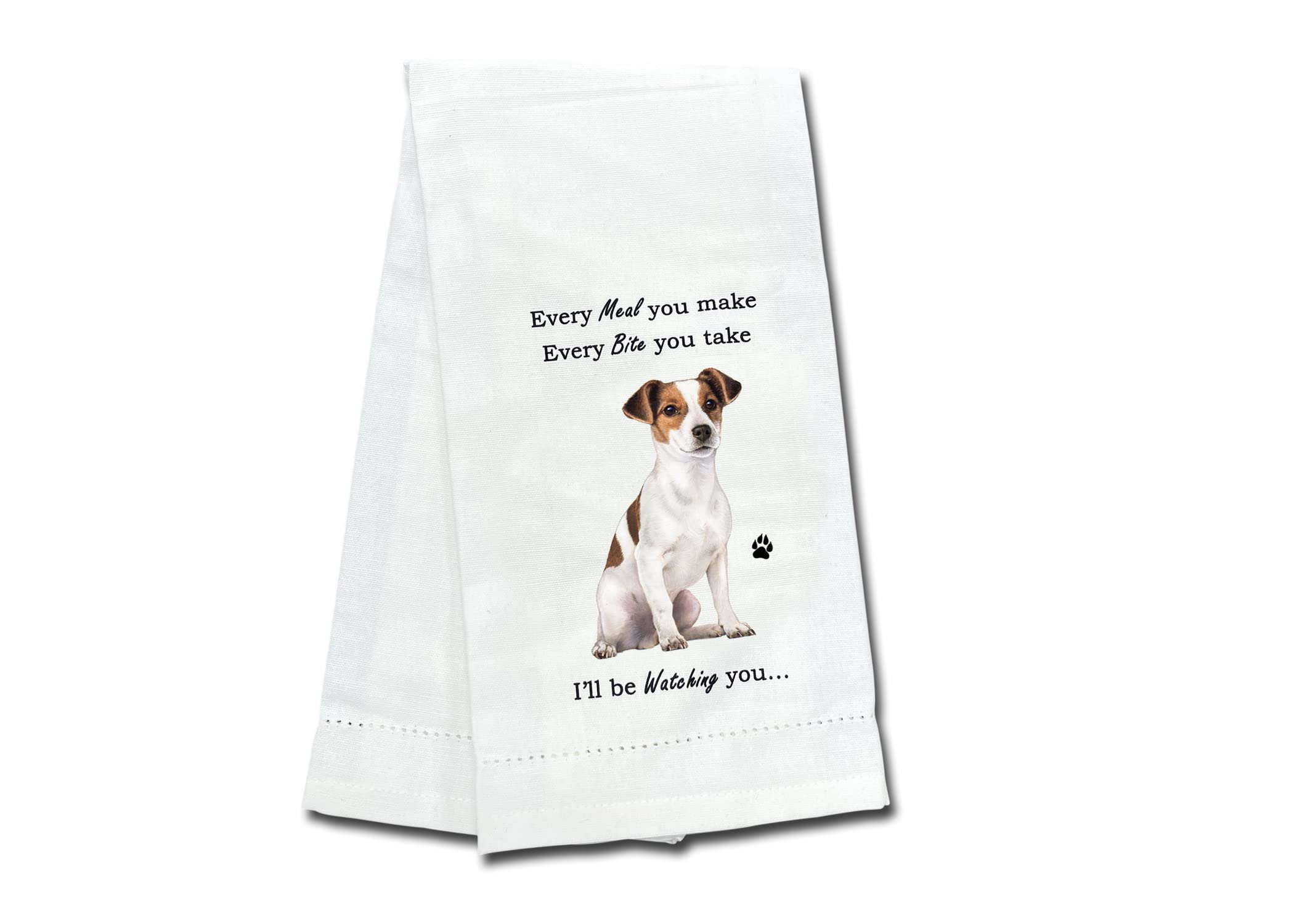 E&S Pets Jack Russell kitchen towel front view, durable cotton for daily use.