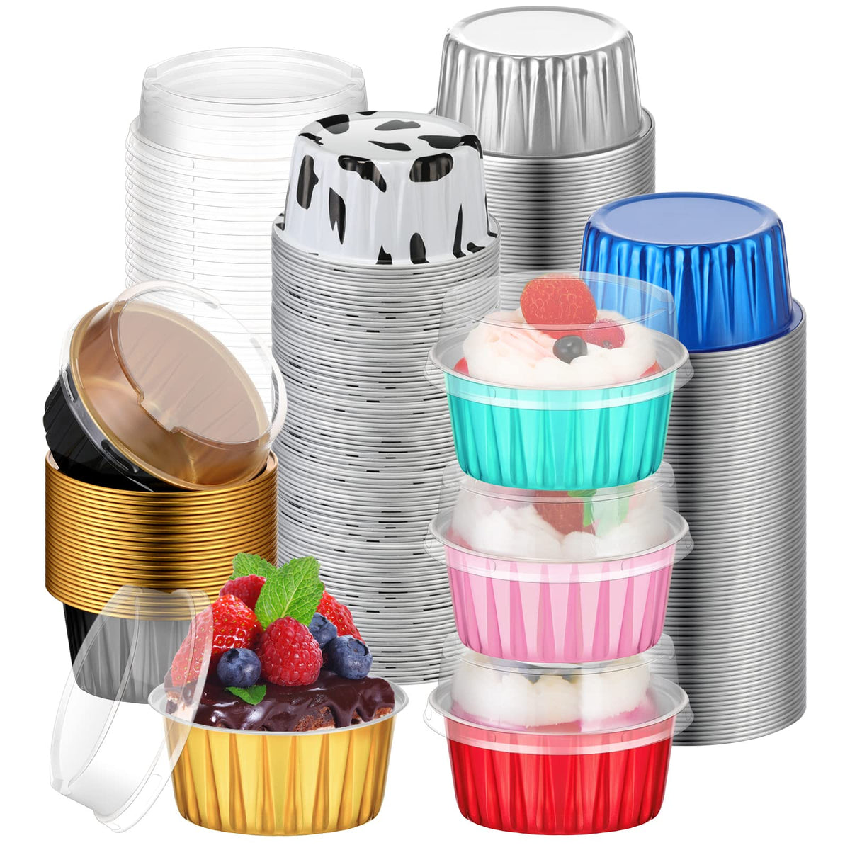 Eaasty aluminum cupcake cups with lids in black-gold color, ideal for secure baking and easy transport.