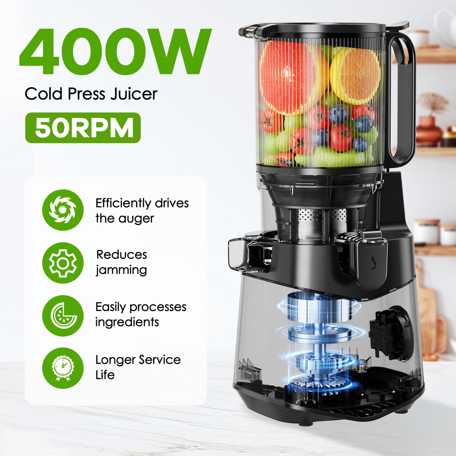 EanOruus 400W slow-masticating motor preserves flavor and nutrients during juicing.