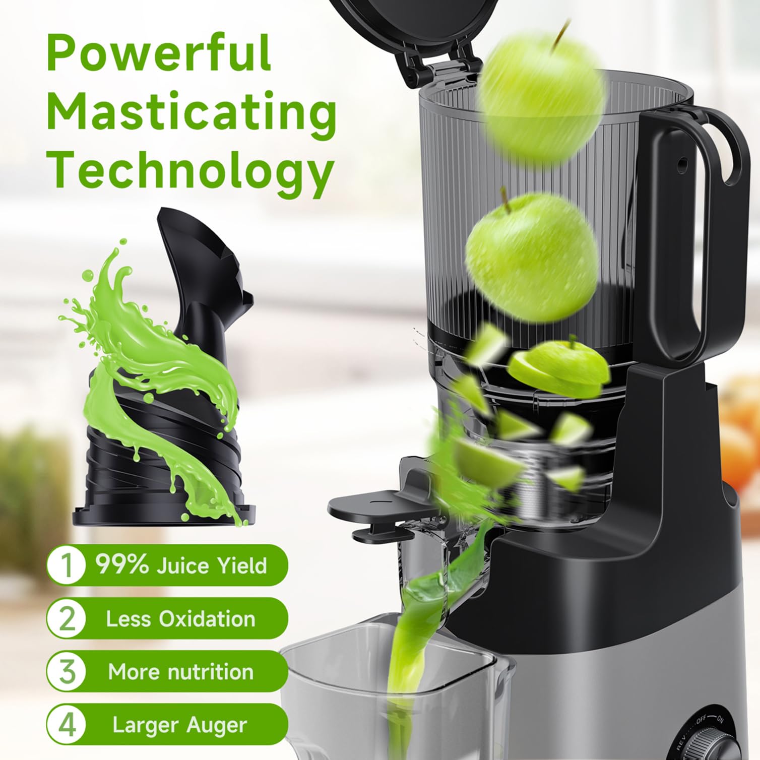 EanOruus 5.8-inch feed chute juices whole produce with no pre-cutting required.