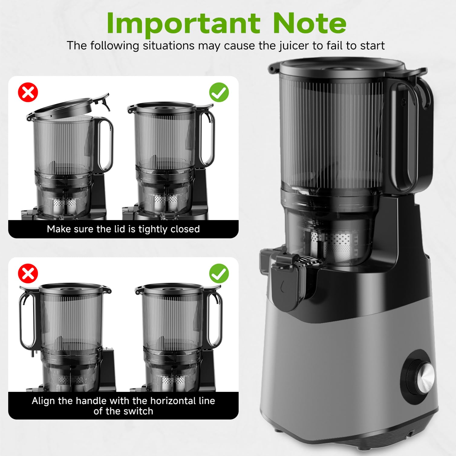 EanOruus reverse mechanism quickly clears clogs when juicing fibrous greens.