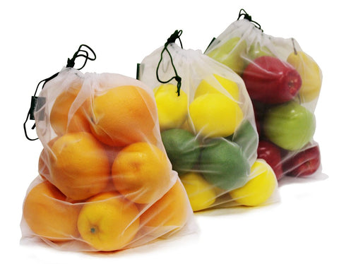 Earthwise mesh bags shown being used for produce, snacks, and small items.