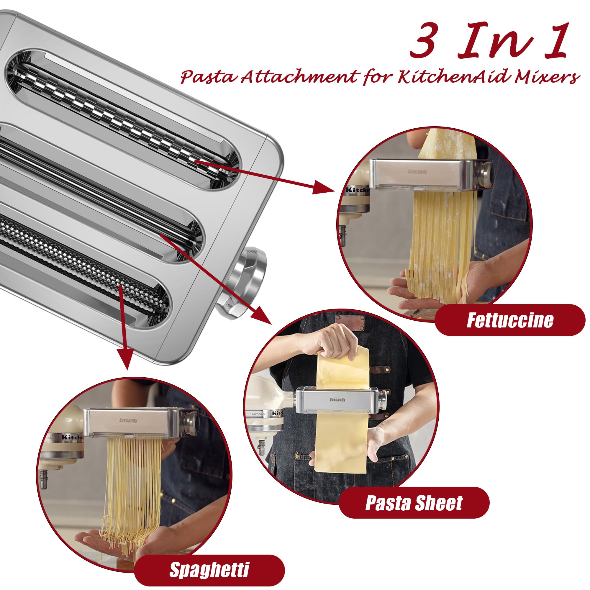 Eascandy all-metal pasta attachment fettuccine cutter for even strands.
