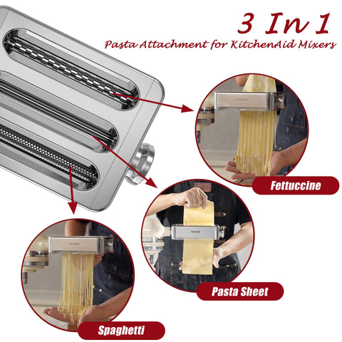 Eascandy all-metal pasta attachment fettuccine cutter for even strands.