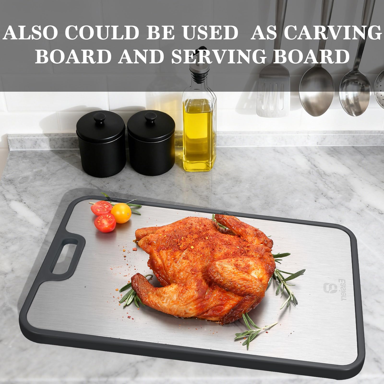 Easierr cutting board titanium meat surface provides a knife-friendly cutting area.