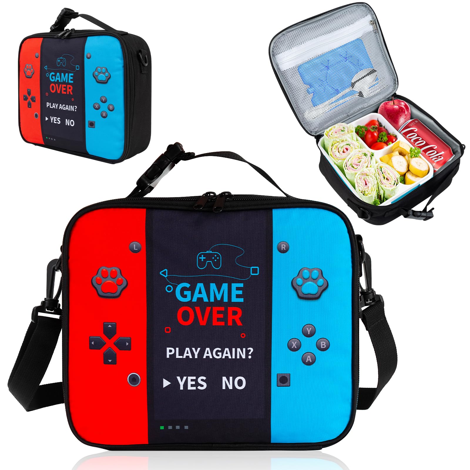 Easozoom game console lunch bag front view with bold gamer design for school
