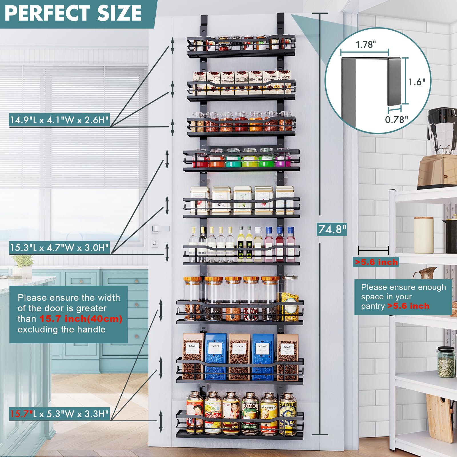 Adjustable baskets of Eastherry pantry organizer demonstrating flexible storage