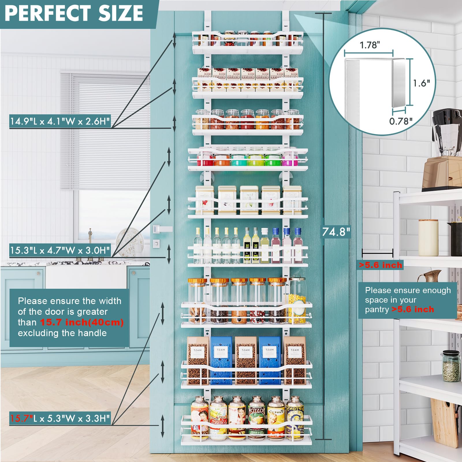 Adjustable baskets on the Eastherry pantry organizer for customizable shelving