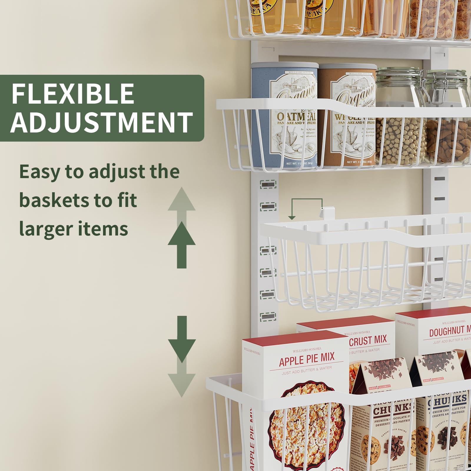 Eastherry adjustable baskets enable customizable height for spices, jars, and snacks.