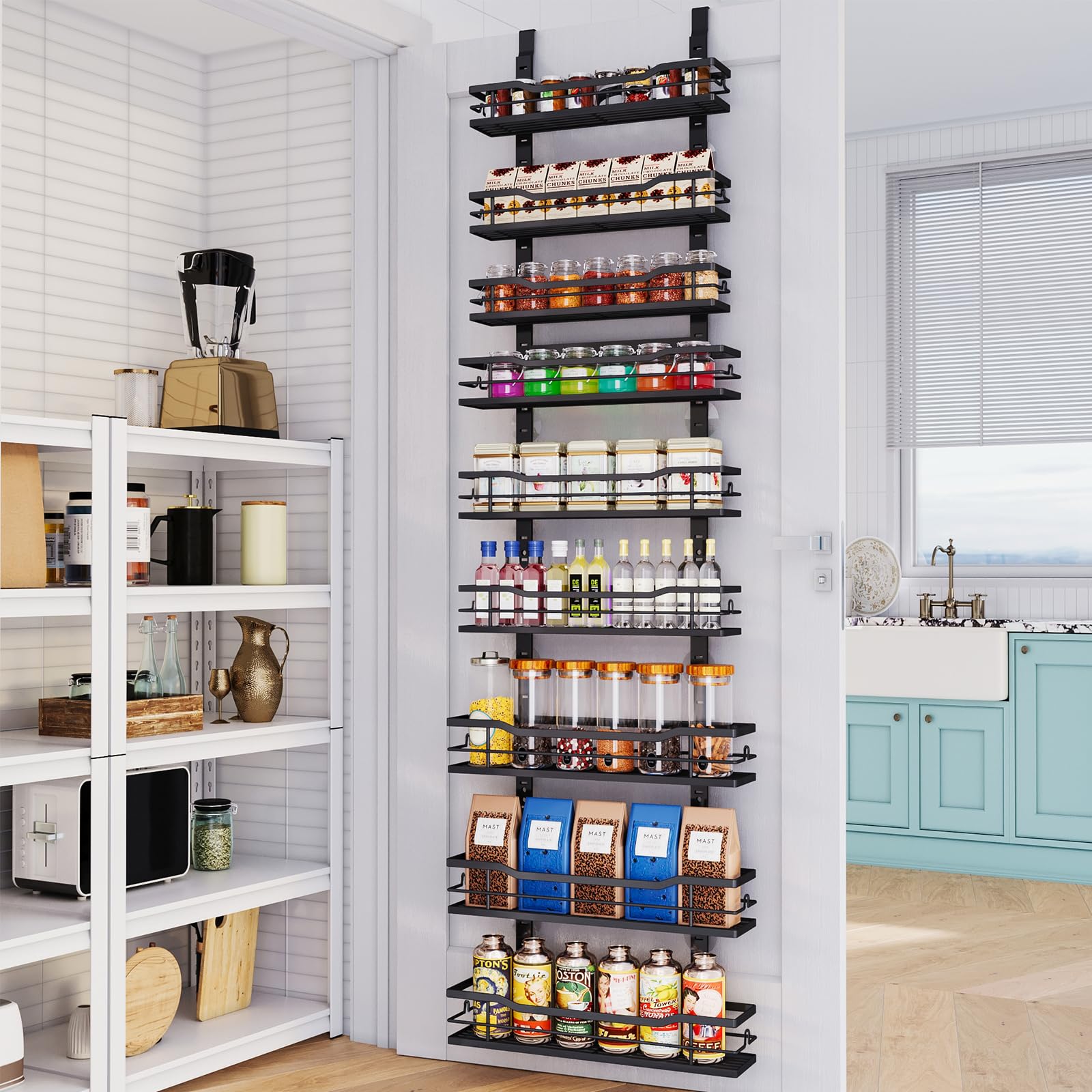 Eastherry 9-Tier Over-The-Door Pantry Organizer image showing stacked baskets for compact kitchens