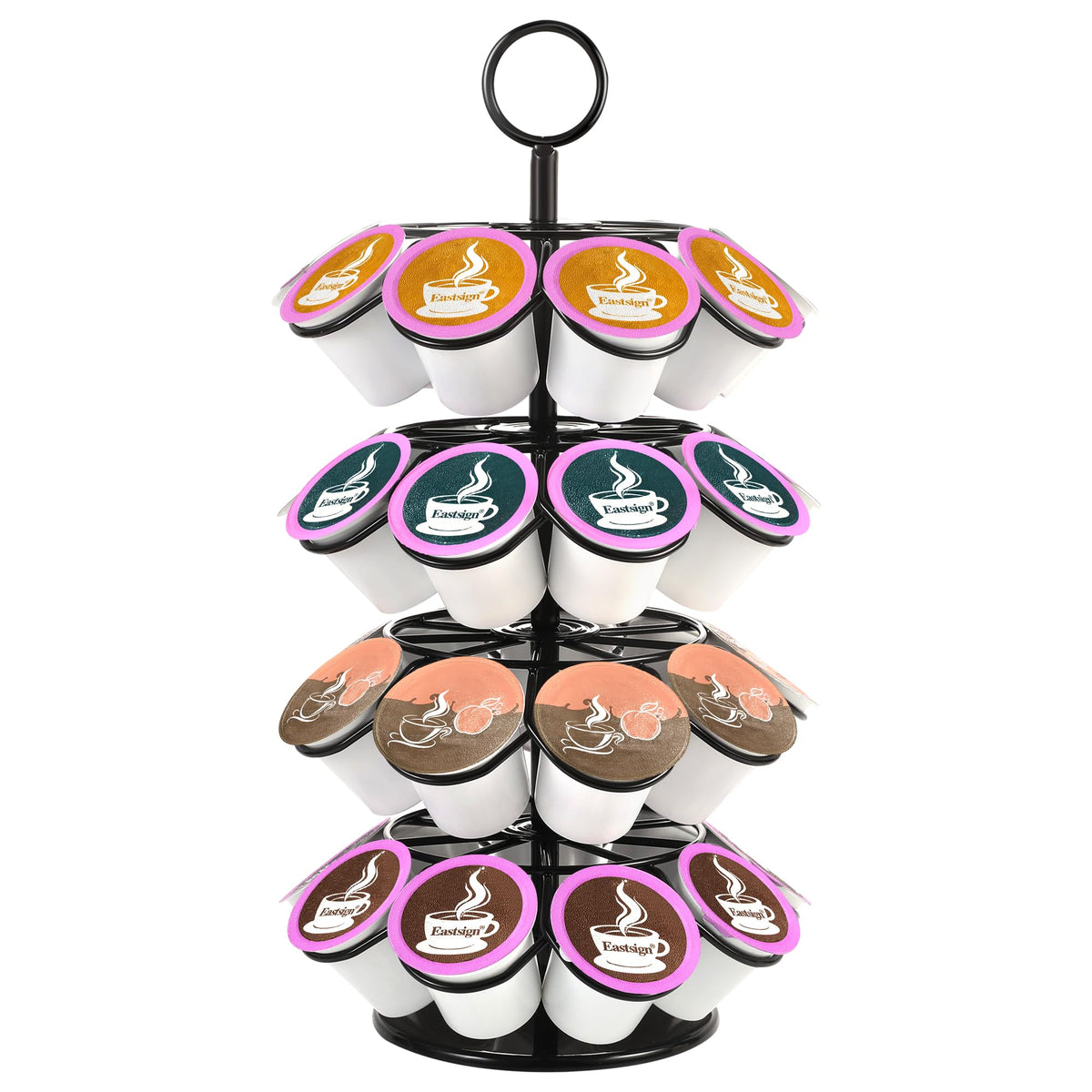 Eastsign 4-Tier K-Cup Holder showing 36 pods across four levels in use