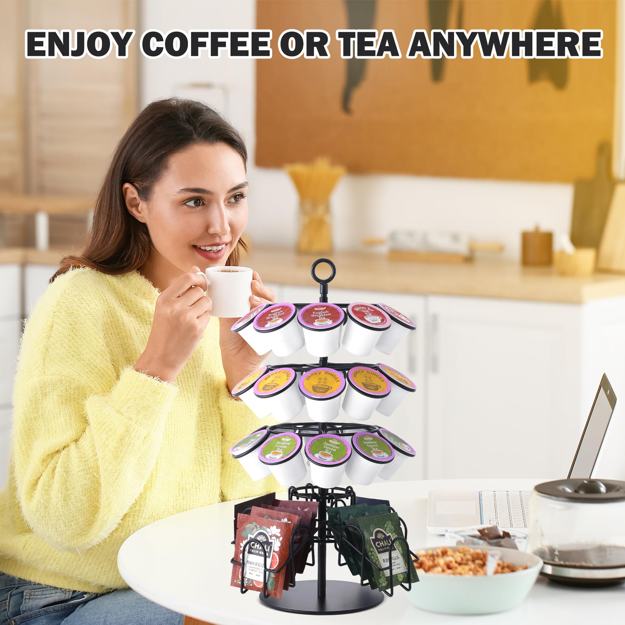 Eastsign carousel dimensions highlight compact footprint fits small kitchens beside the coffee maker.