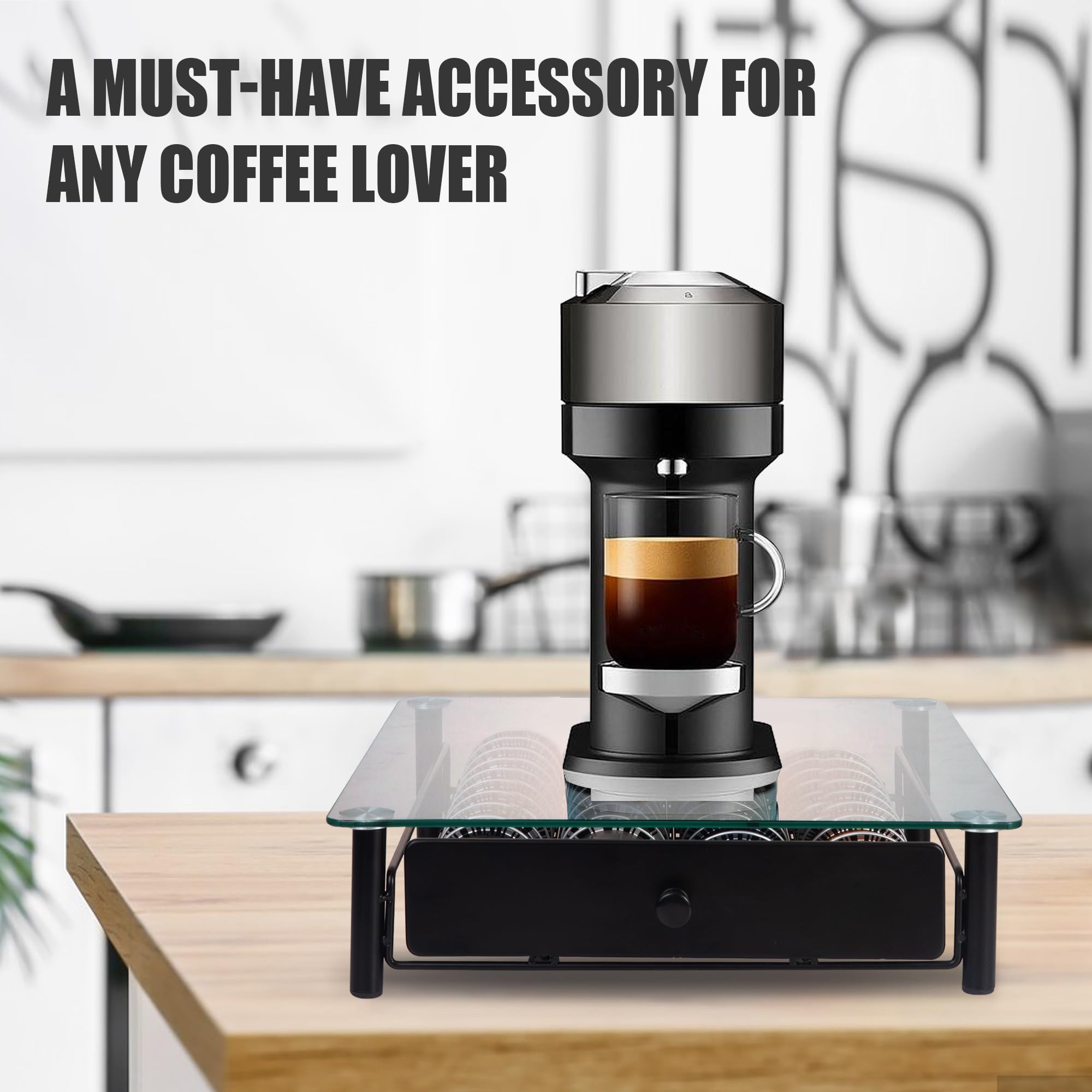 Eastsign vertuo pod drawer under coffee maker keeps essentials within arm's reach during morning routines.