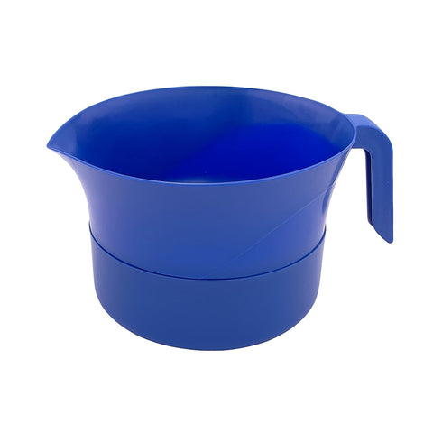 Easy Greasy blue colander with handle for easy pasta draining and grease separation.