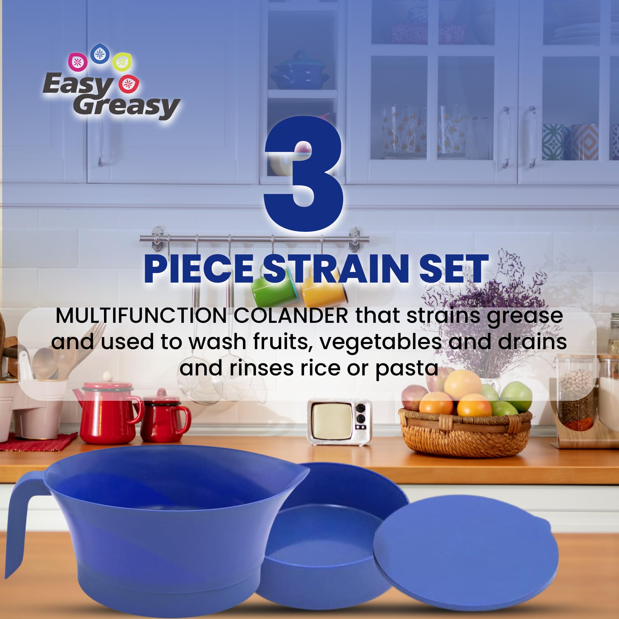 Easy Greasy multi use colander ideal for washing fruits and vegetables.