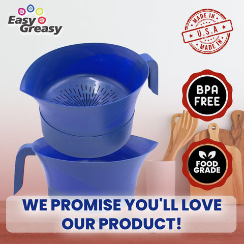 Easy Greasy pasta draining with built in grease container for cleaner prep.