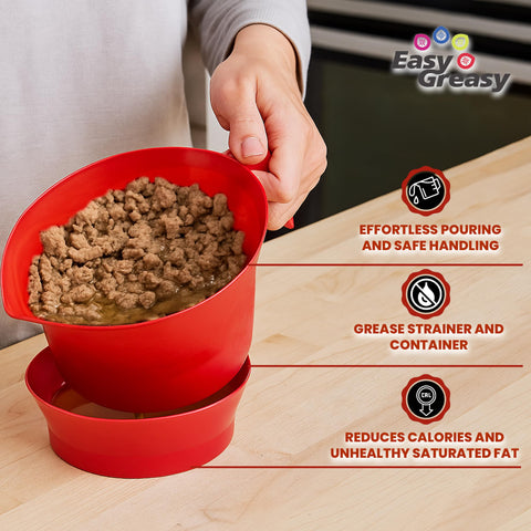 Easy Greasy self-draining base keeps liquids separated during pouring.