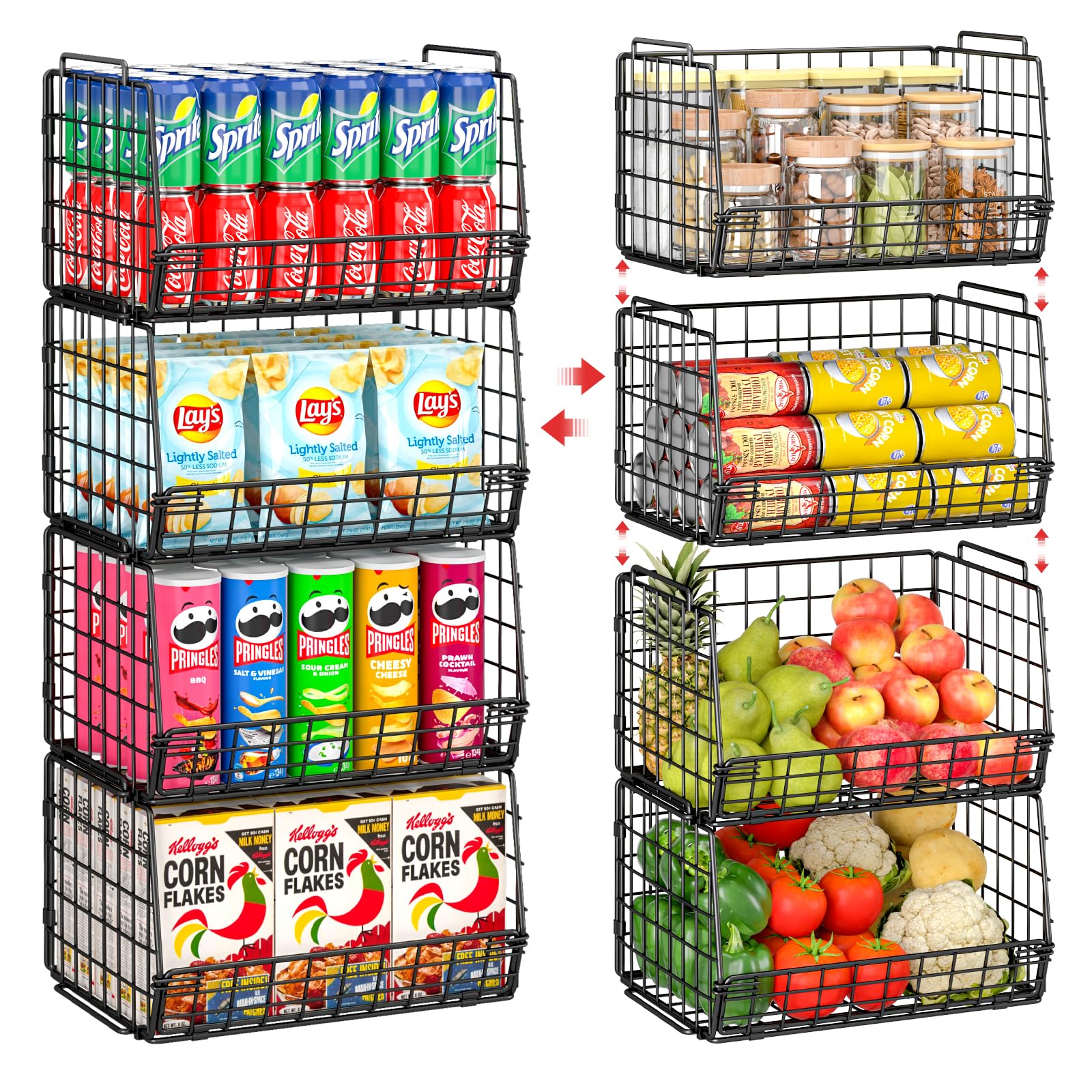 easykitch 4-pack stackable pantry baskets organize items and save cabinet space.