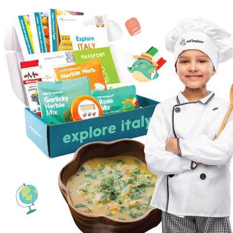 Eat2explore Italy Edition kids kitchen kit with essential tools for hands-on learning.