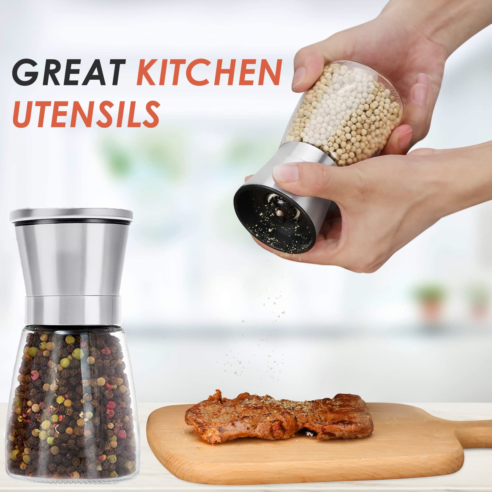 Ergonomic grip and stylish stainless cap on Ebaco grinder.