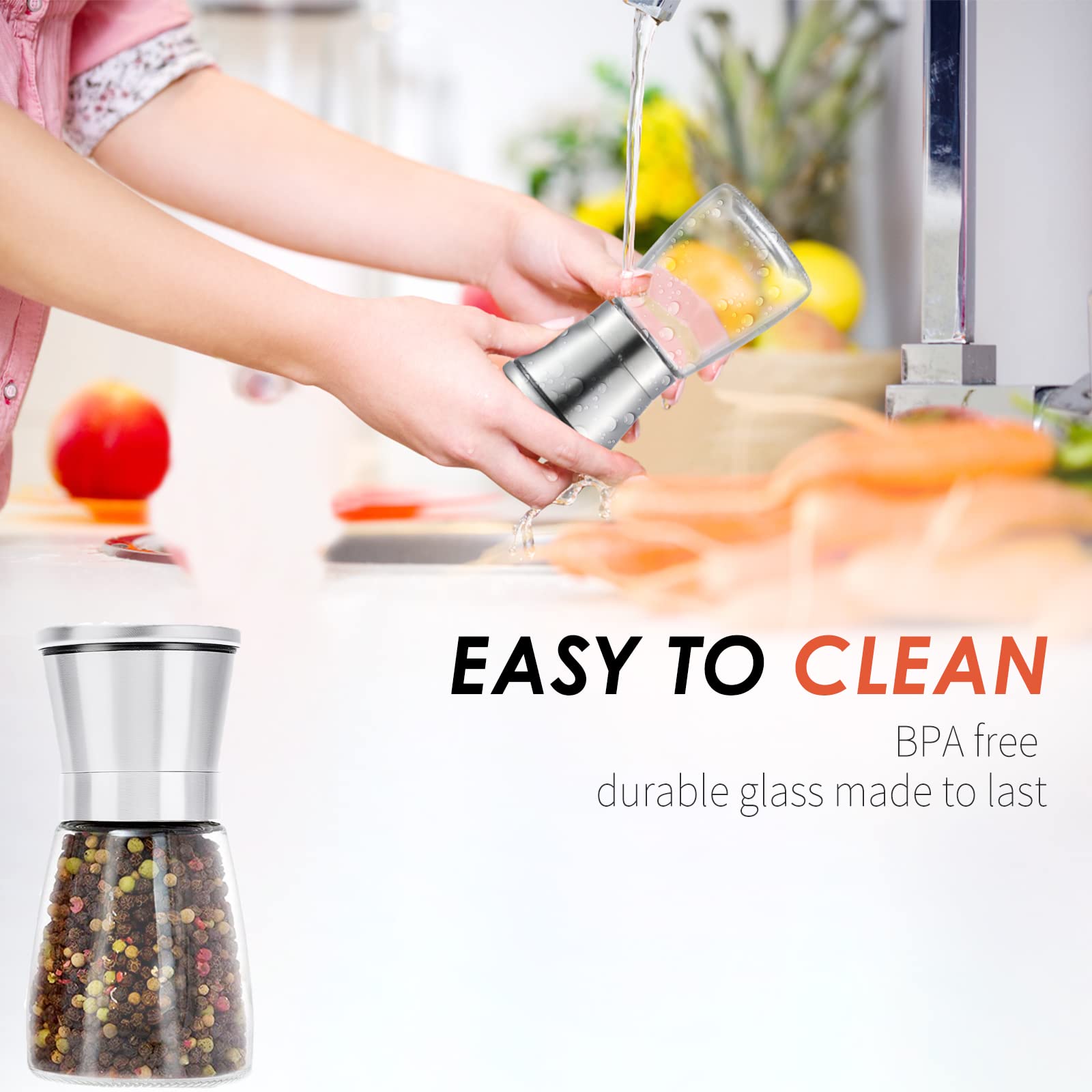 Refillable 6 oz capacity shown in Ebaco pepper grinder design.