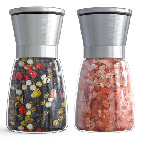 Ebaco salt and pepper grinder set features glass body for easy refilling.
