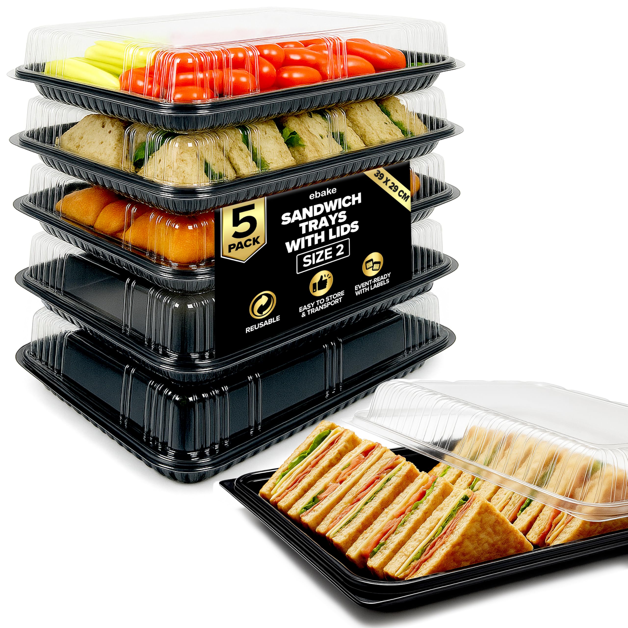 ebake 5-pack catering trays with lids arranged for elegant party presentation and easy transport.