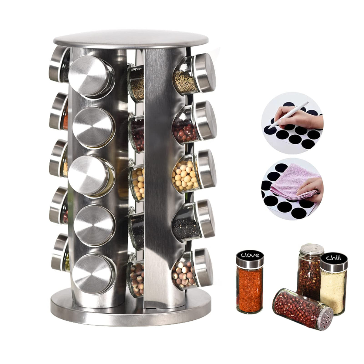 EBIZ&TECH 20-jar rotating spice rack side view for quick spice access