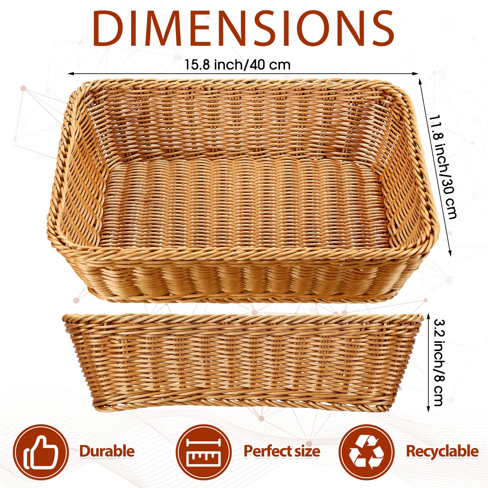 Eccliy brown poly wicker serving baskets ideal for breads, fruits, and snacks.