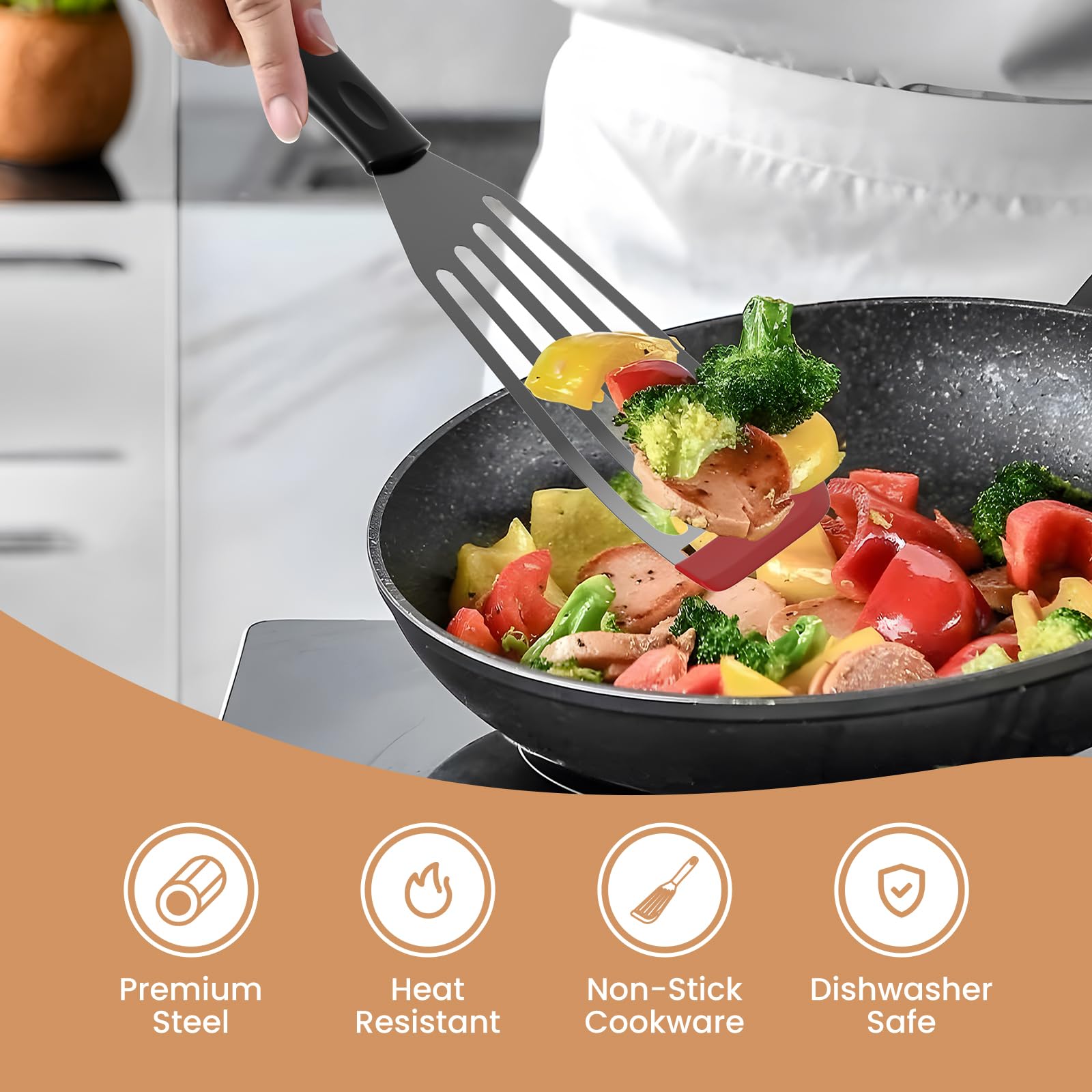 Ecerangus fish spatula in red flipping action in a pan