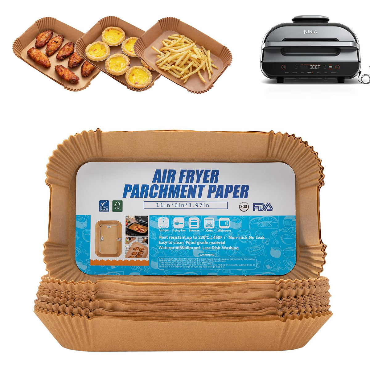 Ecfvtp air fryer liners for Ninja XL Smart, rectangle pack, fits basket and simplifies cleanup.