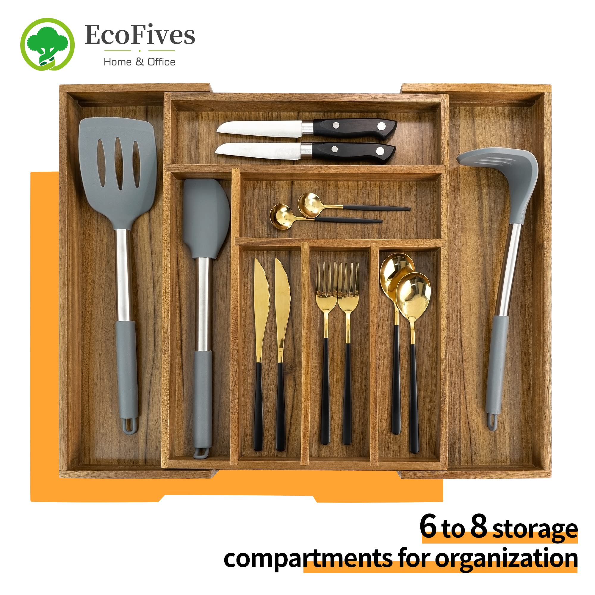 EcoFives acacia organizer with expandable left and right panels for wider drawers
