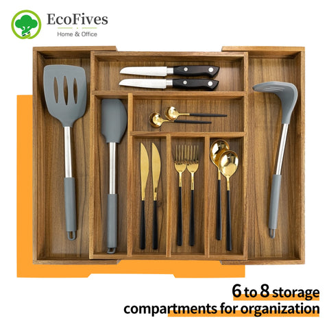 EcoFives acacia organizer with expandable left and right panels for wider drawers