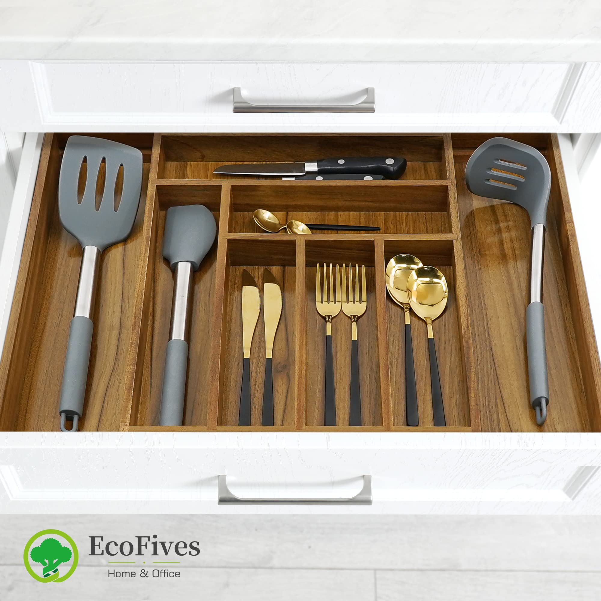 EcoFives acacia drawer organizer in use for quick utensil access