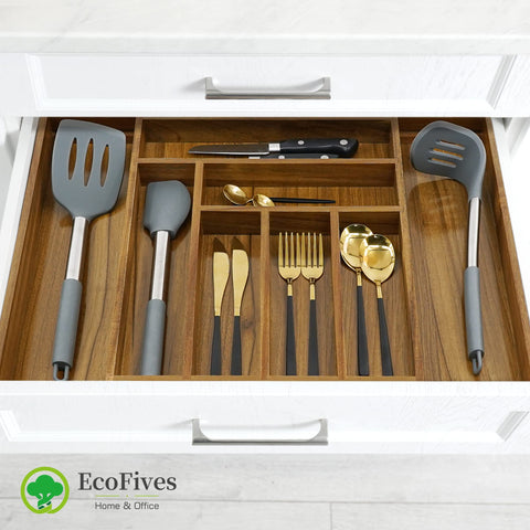 EcoFives acacia drawer organizer in use for quick utensil access