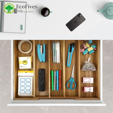 EcoFives Acacia Silverware Organizer expanding panels reveal flexible space.