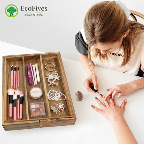 EcoFives Acacia Silverware Organizer with grooved dividers keeps utensils neatly separated.