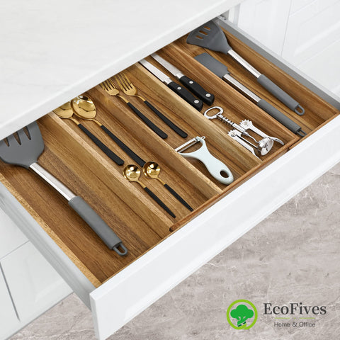 EcoFives Acacia Silverware Organizer in-drawer setup expands capacity for utensils.