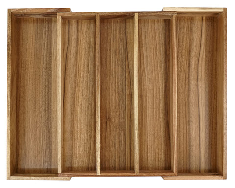 EcoFives Acacia Silverware Organizer fits standard drawers for space optimization.