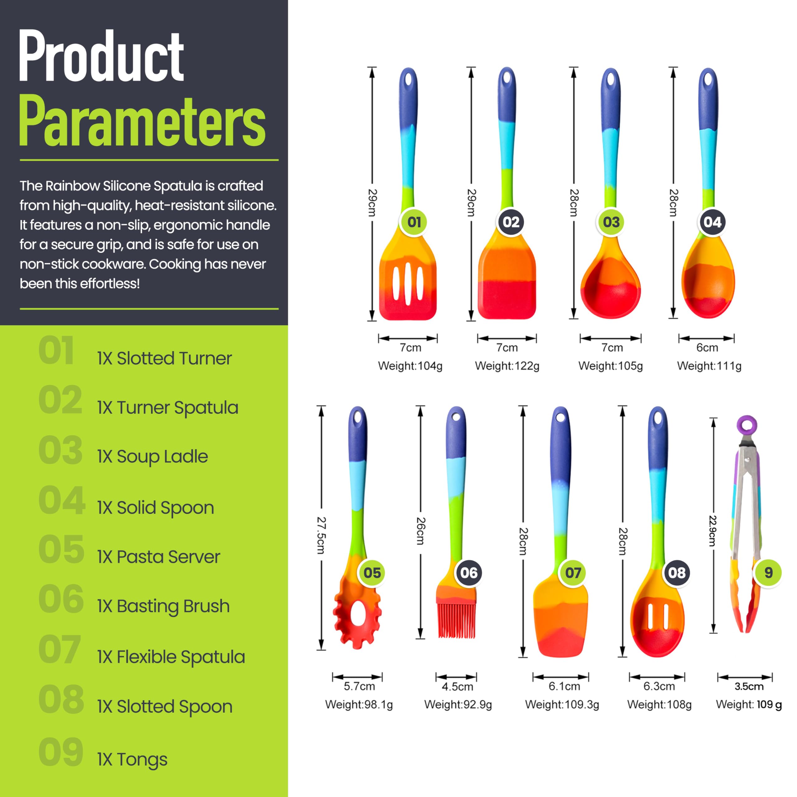 EcoGadgetz 9-piece rainbow spatula set laid out for versatile frying, stirring, and scraping
