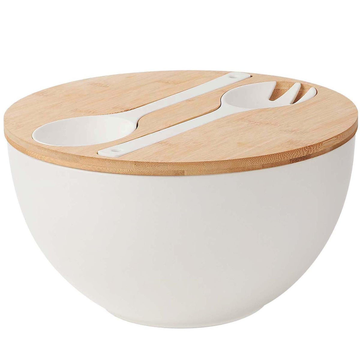 ECOHAGOU giant salad bowl with lid and utensils for easy party serving.