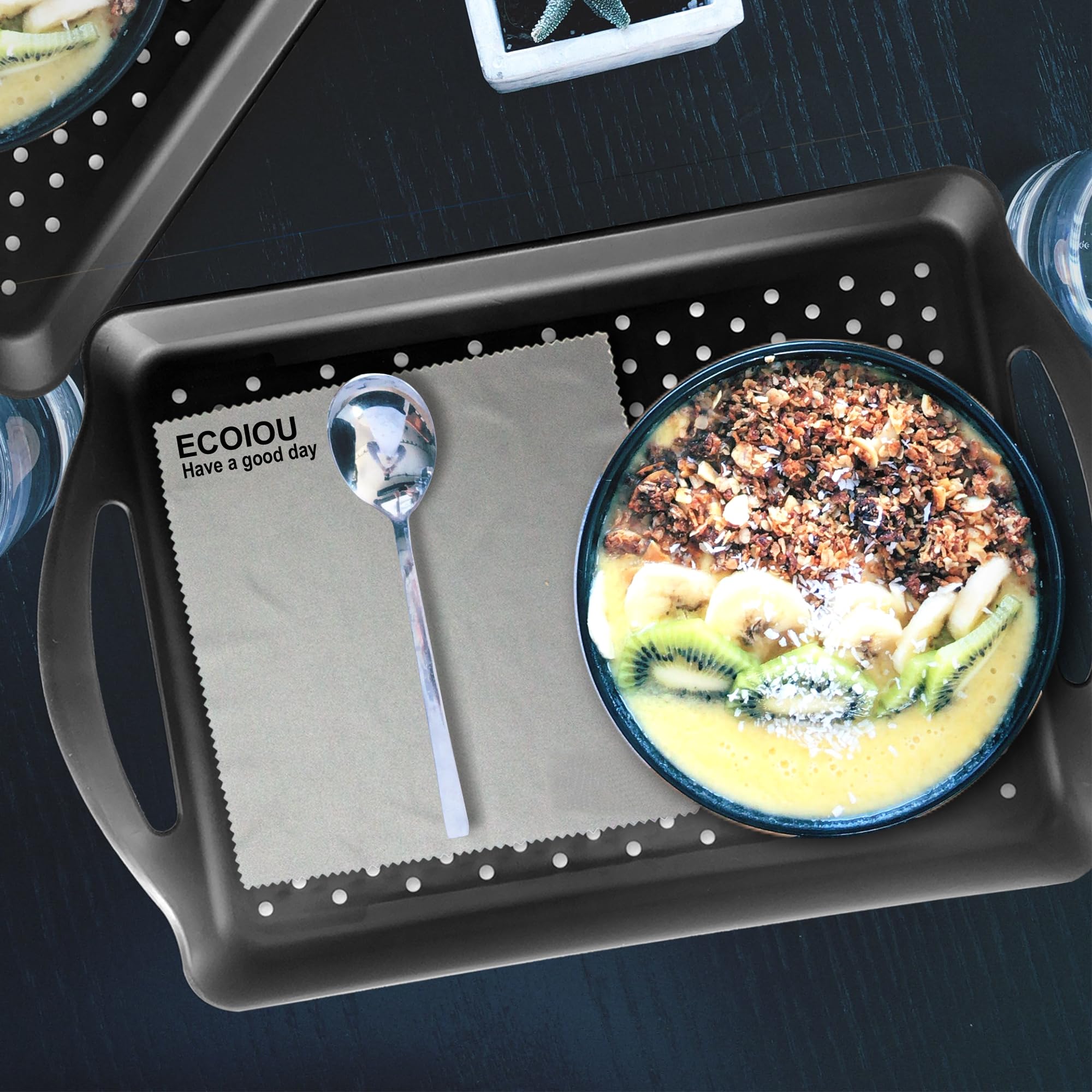 ECOIOU tray ideal for carrying a coffee pot and two mugs.