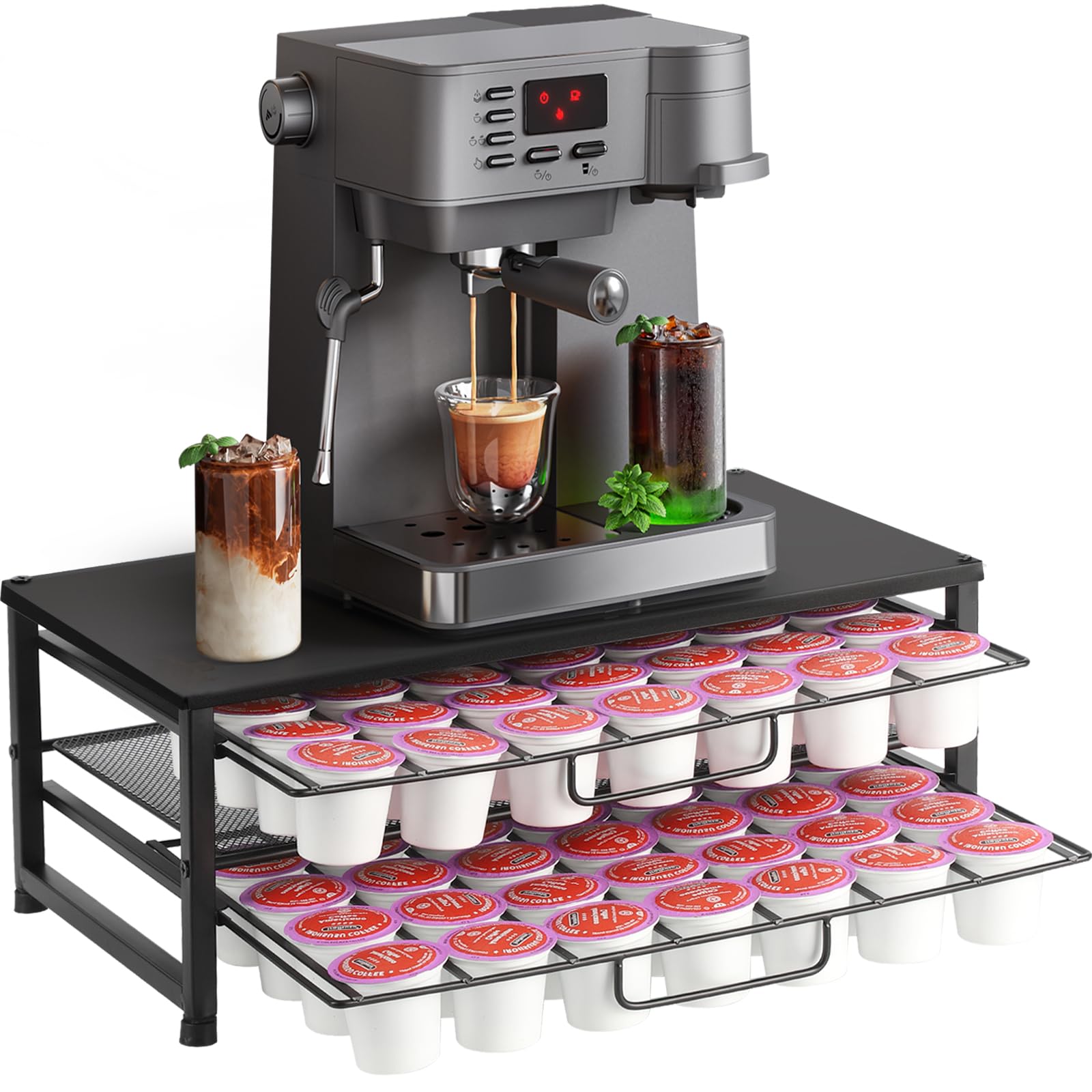 ECOLOVI K Cup Holder Organizer holds 70 pods with two-drawer storage for easy flavor access.