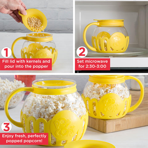 Ecolution Micro-Pop lid measuring kernels showcases precise portions and easy prep.
