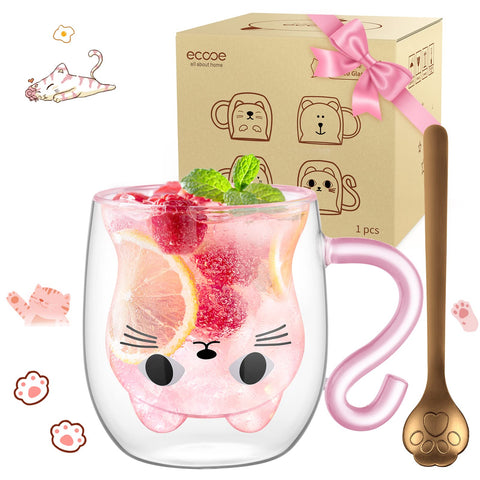 Ecooe cute cat mug with handle and spoon, great for coffee or tea.