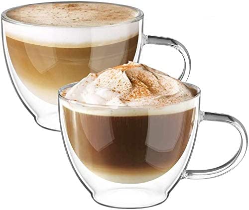 Ecooe double-wall glass mug 12oz set highlights insulation for hot and cold beverages.