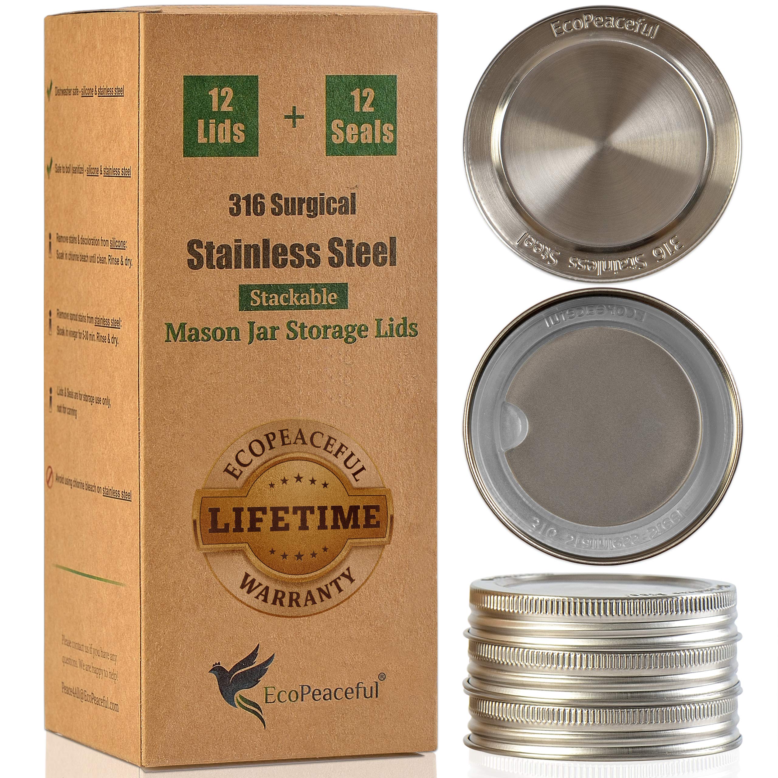 EcoPeaceful 316 stainless steel lid on a regular-mouth jar, rust-proof and reusable.