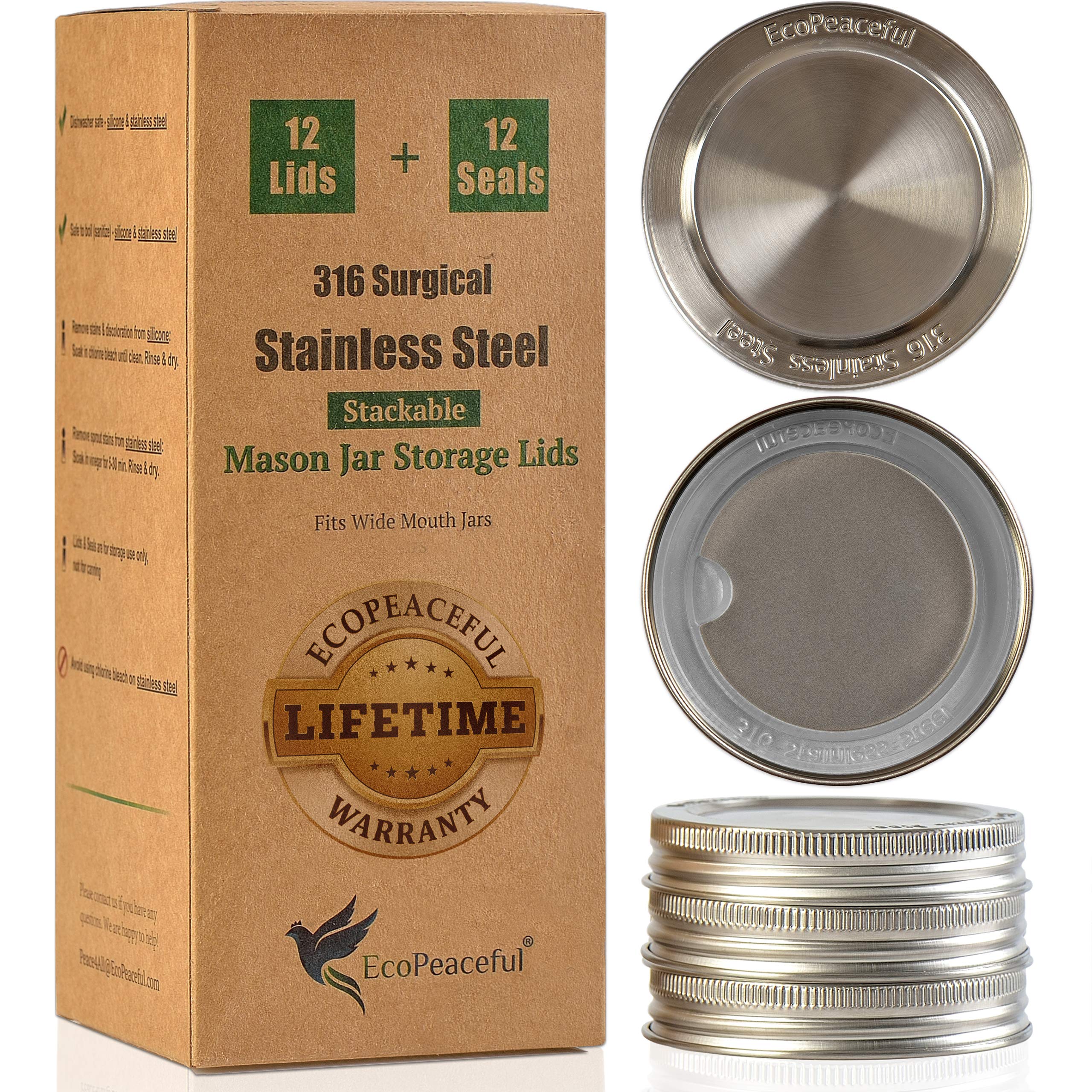 EcoPeaceful wide-mouth lid close-up in 316 stainless steel showing rust-proof durability